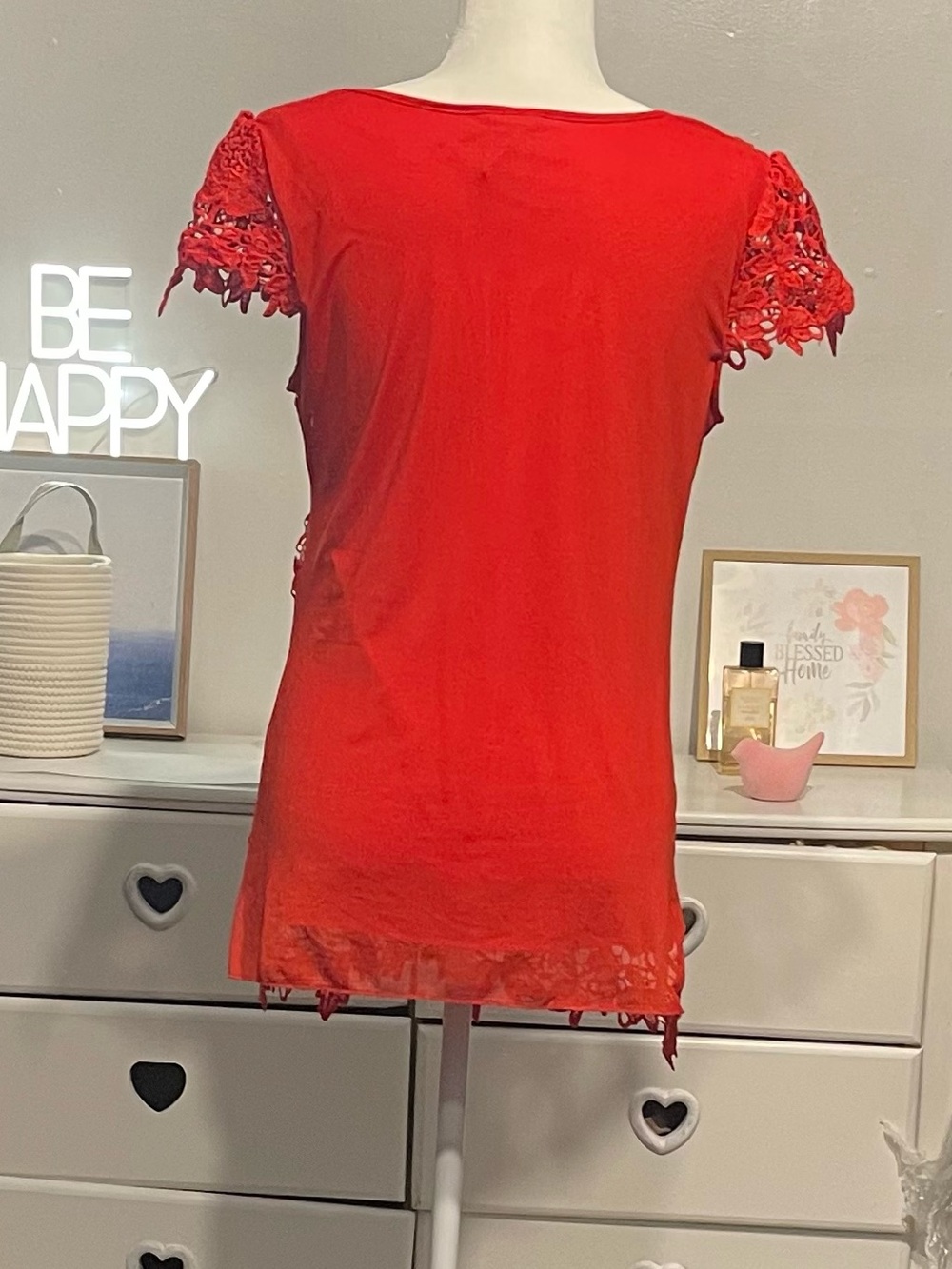 Simply Irresistible Red Lace Short Sleeve Scoop Neck Top size M 100% cotton - Picture 8 of 12